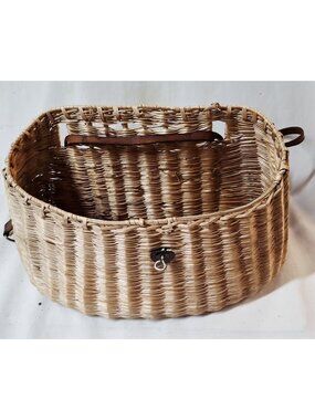 Vintage Hand-Woven Wicker Fishing Creel Basket W/ Leather Straps & Metal Hardwar